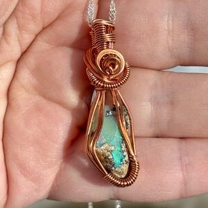 Copper Wire Wrapped raw opal Pendant Necklace